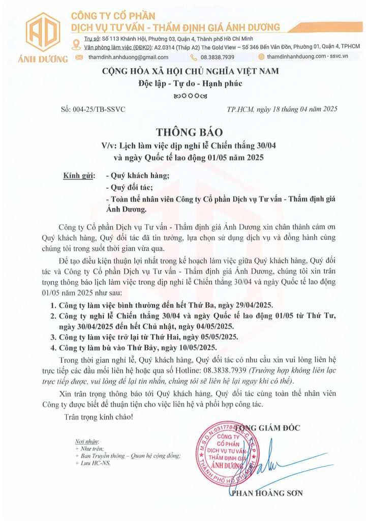 004-25 - TB LỊCH NGHỈ LỄ CHIẾN THẮNG 30.04 VÀ QUỐC TẾ LAO ĐỘNG 01.05 NĂM 2025